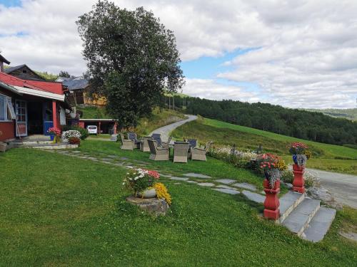 a group of chairs sitting in the grass next to a road at Grønolen Fjellgard in Beitostøl