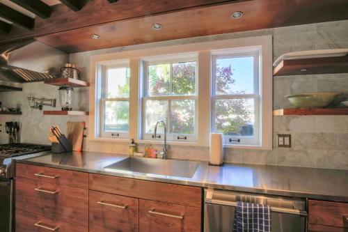 eine Küche mit einem Waschbecken und zwei Fenstern in der Unterkunft Liberty Tree House in Charleston