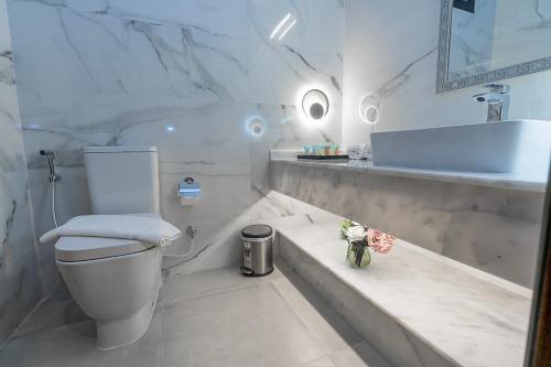a white bathroom with a toilet and a sink at Palma Beach Resort & Spa in Umm Al Quwain