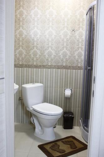 a bathroom with a white toilet and a shower at Margo in Yaremche