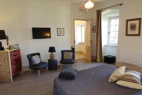 a bedroom with a bed and two chairs and a television at Château Moussoulens in Moussoulens