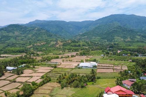 an aerial view of a farm with mountains in the background at ห้างหุ้นส่วนจำกัด บ้านเถ้าแก่ in Ban Muang Baeng