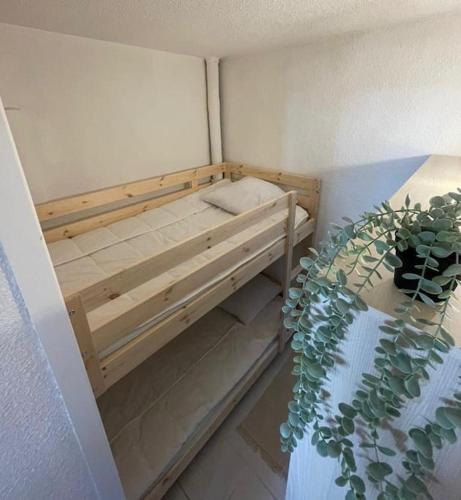 une petite chambre avec un lit et une plante en pot dans l'établissement Charmant studio Port de Gruissan, à Gruissan