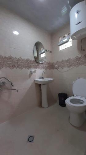 a bathroom with a toilet and a sink and a mirror at Guest house-Lile in Mestia