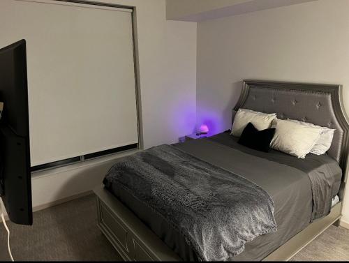 een slaapkamer met een bed en een flatscreen-tv bij Downtown Detroit Rental in Detroit