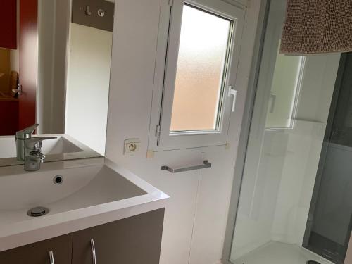 a white bathroom with a sink and a shower at Camping de la ferme aux ânesses, Mobil Home Câline in Bressuire