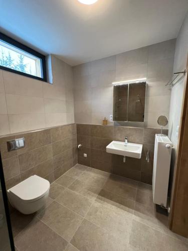 een badkamer met een toilet en een wastafel bij Apartmán 1000 m n. m. in Stachy