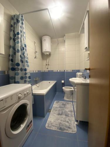 a blue and white bathroom with a washing machine in it at Apartman Nova Pale in Pale