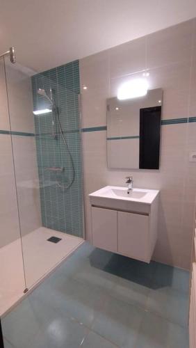 une salle de bain avec une douche, un lavabo et un miroir dans l'établissement Location 3* Curistes et Vacanciers, à Jonzac