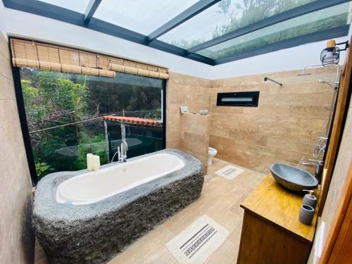 Los Llanos的住宿－Finca maestra，一间带大浴缸和大窗户的浴室