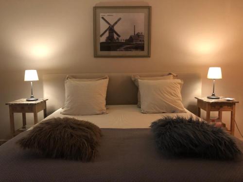 een slaapkamer met een bed met twee lampen op twee tafels bij NeNe in Dilbeek