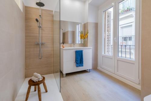 a bathroom with a shower and a sink and a toilet at Luminoso y amplio apartamento en Ópera in Madrid