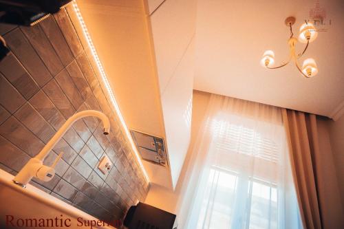 a bathroom with a shower and a window and a sink at Vili Apartments in Oradea