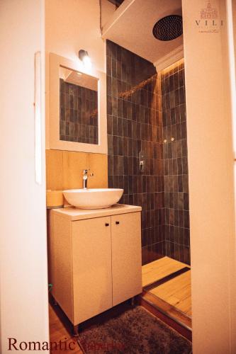 a bathroom with a sink and a shower at Vili Apartments in Oradea