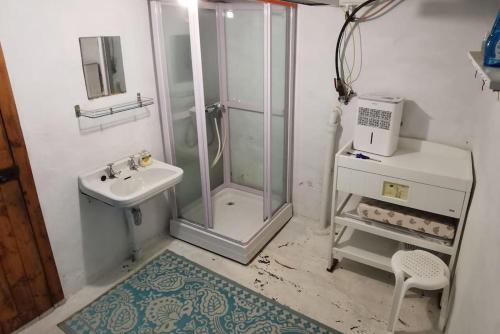 a small bathroom with a shower and a sink at Alone In The Woods With Your Own River Nearby in Fitjar
