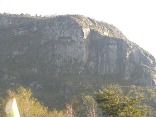 a large rocky mountain with trees in front of it at Cabaña Arriendo Llifen in Futrono