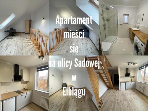 two pictures of a kitchen and a staircase in a house at Królewiecka 115 in Elblag