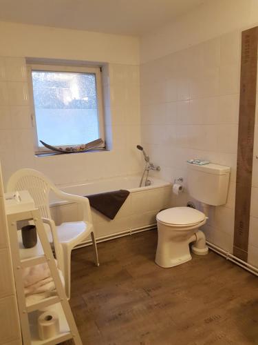 a bathroom with a tub and a toilet and a window at Waldhaus in Neu Drefahl