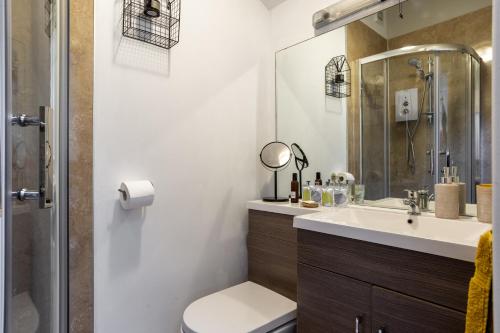 a bathroom with a sink and a toilet and a shower at Appleyard Cottage - Yorkshire Dales in Hellifield