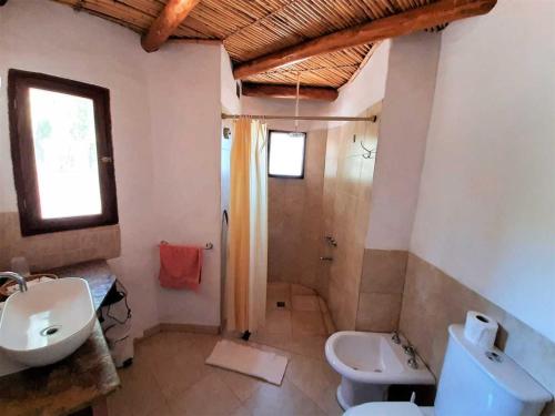 y baño con lavabo, aseo y ducha. en CabañaPerchel Tilcara Quebrada de Humahuaca en Huacalera