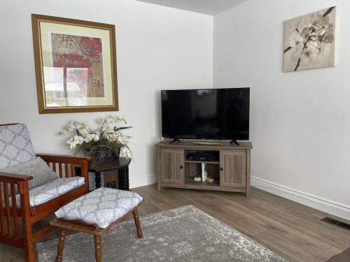 uma sala de estar com uma televisão e uma cadeira em The North Escape Cozy 3 bedroom house Great location em Sault Ste. Marie