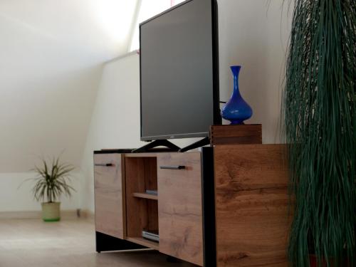 a tv on a wooden dresser with a blue vase at Altavista mountain apartment in Samokov