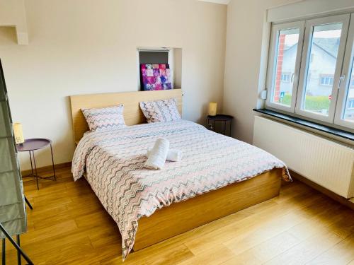 1 dormitorio con 1 cama con 2 almohadas en La Villa des Coteaux - Proche Centre-ville, en Lieja