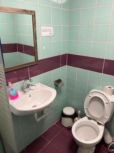 a bathroom with a sink and a toilet and a mirror at Bethlehem City Hostel in Bethlehem