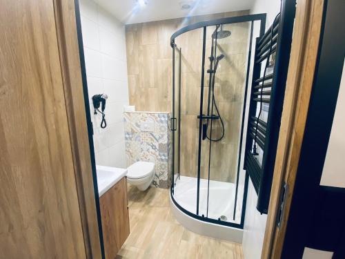 a small bathroom with a shower and a toilet at Willa i domki Victoria in Wisła