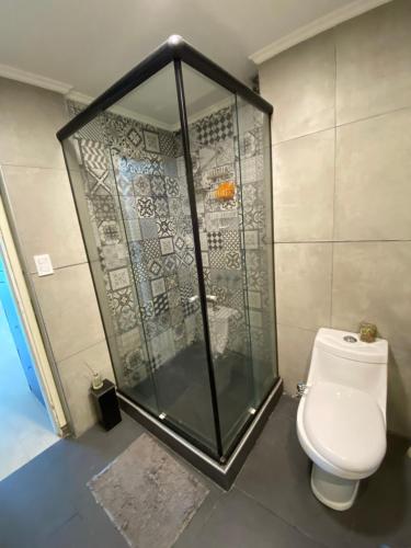 La salle de bains est pourvue d'une douche et de toilettes. dans l'établissement Departamento frente al mar con cochera!, à Mar del Plata