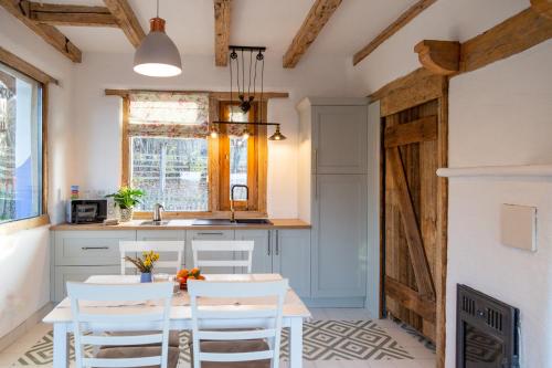 a kitchen with a table and chairs and a sink at Casele cu Stuf B&B Haus Ulrike in Sălicea