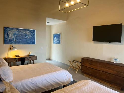 Habitación de hotel con 2 camas y TV de pantalla plana. en CASA RIVERA DE MORAS en San Luis Soyatlán