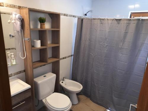 a bathroom with a toilet and a shower curtain at Del Sendero Caviahue in Caviahue
