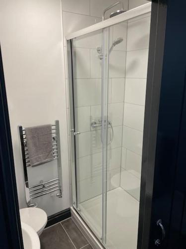 bagno con doccia e servizi igienici. di Modern Apartment With En-suite & Private Kitchen a Stoke on Trent