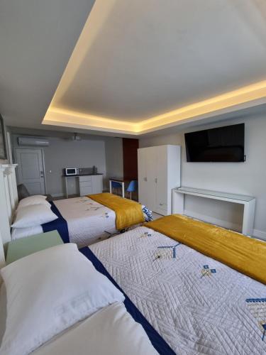Habitación con 3 camas y TV de pantalla plana. en Casa Escamela Suites privadas en Orizaba