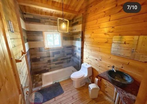a wooden bathroom with a toilet and a sink at Villa encantadora pino alto J4 in Jarabacoa