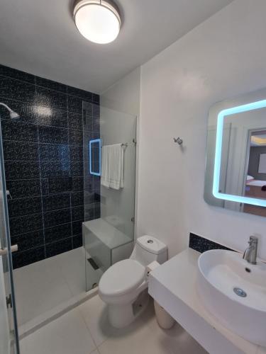 La salle de bains est pourvue de toilettes, d'un lavabo et d'une douche. dans l'établissement Casa Escamela Suites privadas, à Orizaba