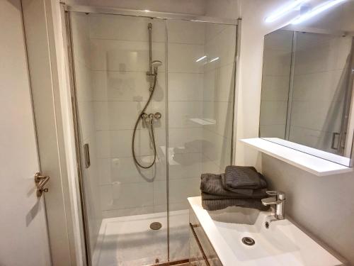 y baño con ducha con mampara de cristal. en Appartement 003, en Angleur