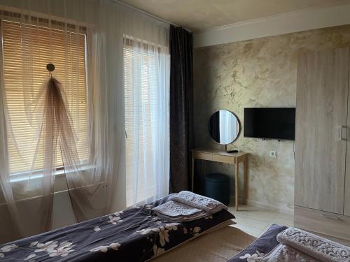 Schlafzimmer mit einem Bett, einem Fenster und einem TV in der Unterkunft Top of the Mountain Гранд Манастира частни Апартаменти in Pamporowo