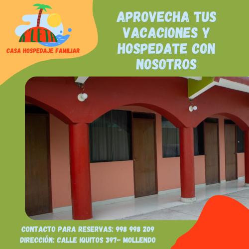 ein Poster eines Hauses mit roten Säulen in der Unterkunft Casa Hospedaje Familiar Kaleta in Mollendo