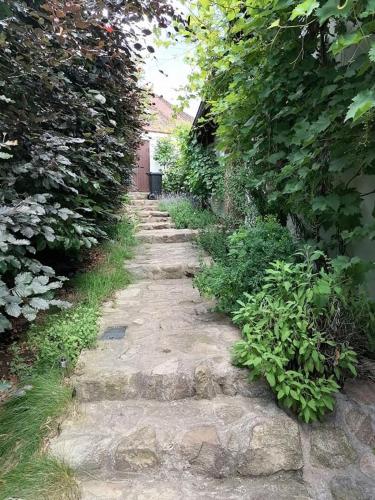 a stone path in a garden with trees and bushes at Chalupa U Kocourka in Sedlec