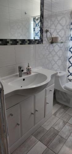 W łazience znajduje się umywalka, toaleta i lustro. w obiekcie MANUIA w mieście Coquimbo
