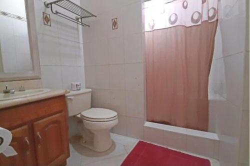 a bathroom with a toilet and a sink and a shower at Pondbottom Apartment Hotel in Saint James