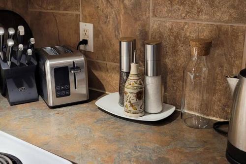 a kitchen counter with a blender and a toaster at Parlor Suite in Heritage Manor, Fairfield, near DT in Victoria