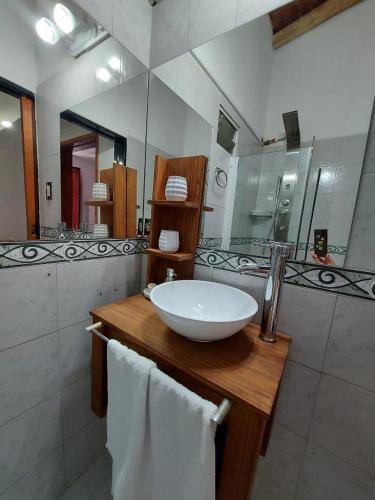 een badkamer met een wastafel en een grote spiegel bij Dto Urquiza in Concordia