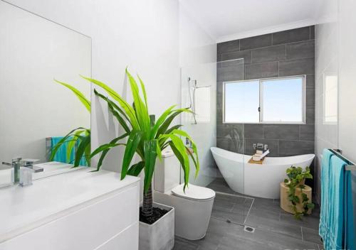 uma casa de banho com uma banheira branca e uma planta em Beautiful Scarborough Harbour Beach House em Scarborough