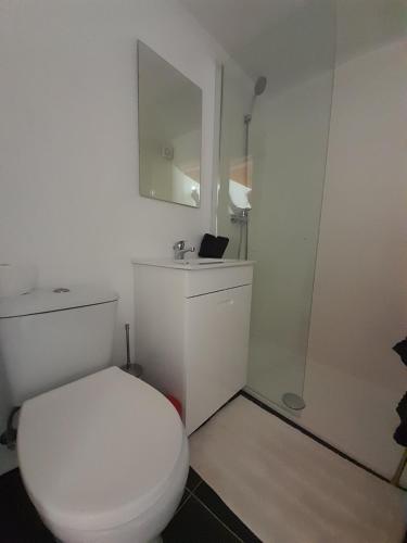 a white bathroom with a toilet and a mirror at Covil's Haus in Peniche
