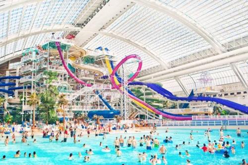 a group of people in a pool at a water park at Nordic Retreat, 4BR, Min to WEM & DT, AirCon & Fireplace, Sleeps 10! in Edmonton
