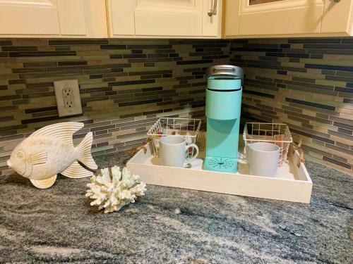 a shelf with cups and a fish on a kitchen counter at Blue Heron House, Private 4 BR Waterfront w Heated Pool and Fire Pit in Ruskin