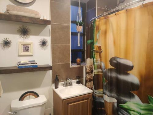 een badkamer met een wastafel, een toilet en een douche bij Lovely one bedroom apartment in Westchester, NY! in Ossining